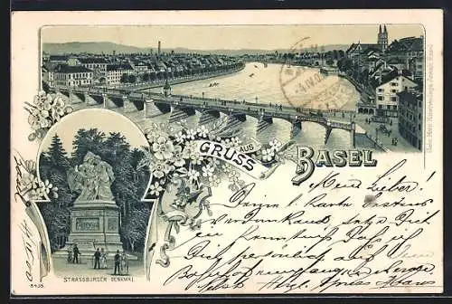 Lithographie Basel, Uferpartie mit Brücke, Strassburger Denkmal