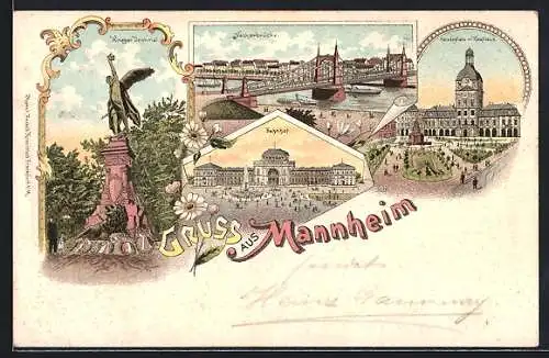 Lithographie Mannheim, Kriegerdenkmal, Neckarbrücke, Bahnhof