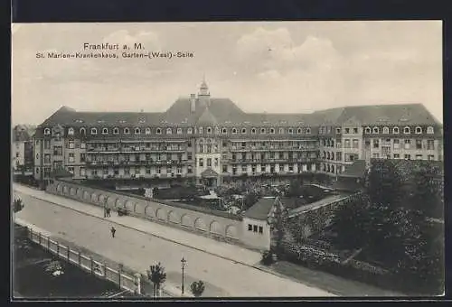 AK Frankfurt-Nordend, St. Marien-Krankenhaus, Garten- / West-Seite mit Strasse aus der Vogelschau