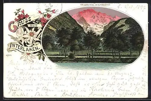 Lithographie Interlaken, Partie mit See und roten Bergen