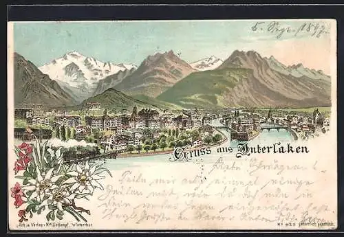 Lithographie Interlaken, Eisenbahn am Stadtrand, Edelweiss um 1900