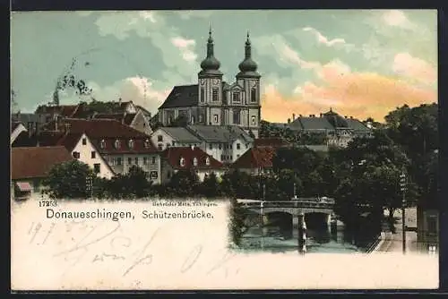 AK Donaueschingen, Schützenbrücke mit Stadtkirche