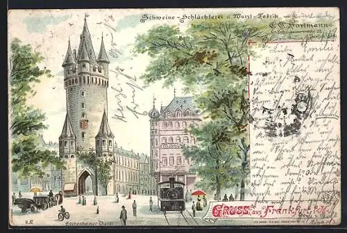 Lithographie Frankfurt a / M., Schweine-Schlächterei und Wurst Fabrik, Eschenheimer Turm