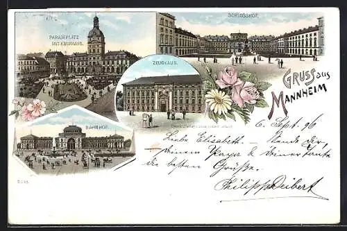 Lithographie Mannheim, Schlosshof, Zeughaus, Bahnhof