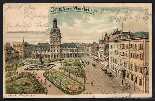 Lithographie Mannheim, Paradeplatz, Kaufhaus und Hotel Pfälzer Hof