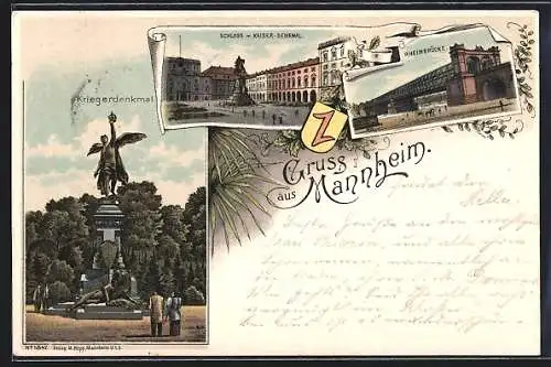 Lithographie Mannheim, Kriegerdenkmal, Schloss mit Kaiserdenkmal, Rheinbrücke