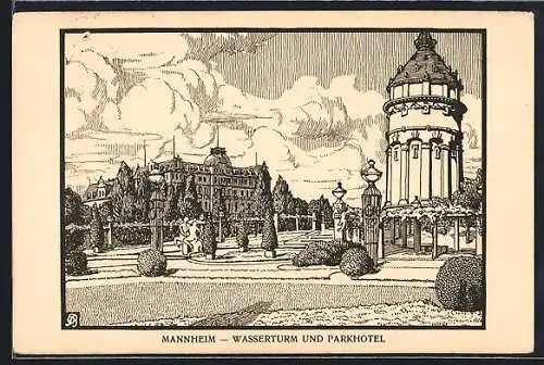 Künstler-AK Mannheim, Wasserturm und Parkhotel