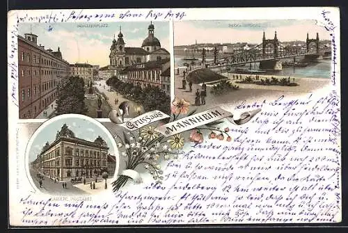 AK Mannheim, Neckarbrücke, Schillerplatz, Kaiserl. Postamt