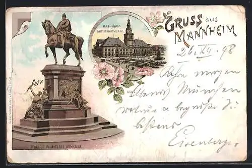 Lithographie Mannheim, Kaiser Wilhelm I. Denkmal, Rathaus mit Marktplatz