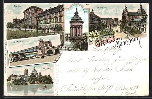 Lithographie Mannheim, Wasserthurm, Schillerplatz, Schloss