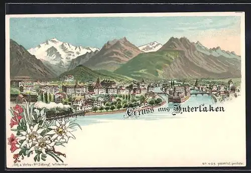 Lithographie Interlaken, Eisenbahn am Stadtrand, Edelweiss um 1900