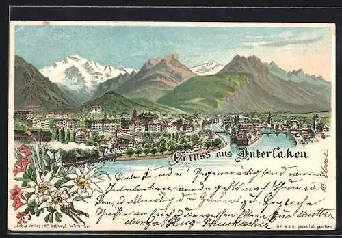 Lithographie Interlaken, Eisenbahn am Stadtrand, Edelweiss um 1900