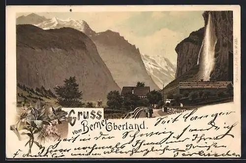 Lithographie Lauterbrunnen, Ortspartie mit Strasse und Wasserfall