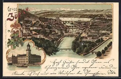 Lithographie Zürich, Postgebäude, Panoramablick