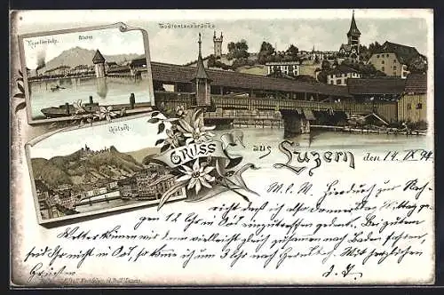 Lithographie Luzern, Todtentanzbrücke, Kapellbrücke, Pilatus