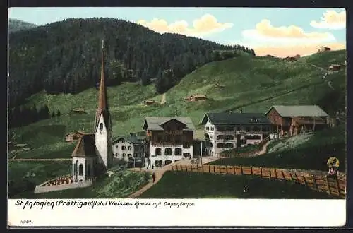 AK St. Antönien, Hotel Weisses Kreuz mit Dependance und Kirche