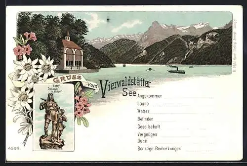 Lithographie Altdorf, Tells Denkmal, Tellskapelle am Vierwaldstätter See