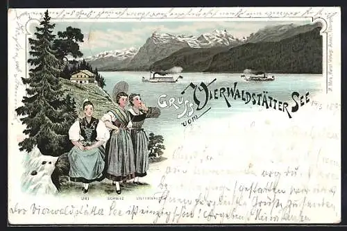 Lithographie Rütli, Vierwaldstättersee, Frauen in Trachten aus Uri, Schwyz und Unterwalden