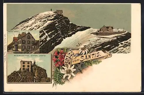 Lithographie Säntis, Gasthof Säntis, Meteorologische Station