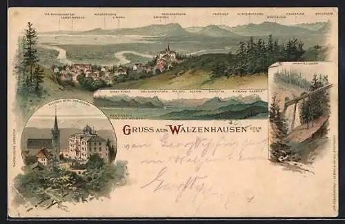 Lithographie Walzenhausen, Panorama, Kirche u. Hotel Rheinburg, Drahtseilbahn