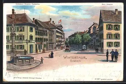 Künstler-AK Winterthur, Graben, Ortspartie mit Brunnen