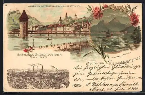 Lithographie Luzern, Kappelbrücke und Wasserturm, Hoffmanns Stärkefabriken Salzuflen