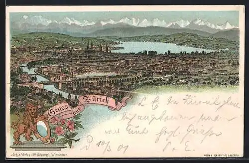 Lithographie Zürich, Ansicht aus der Vogelschau und Alpenpanorama