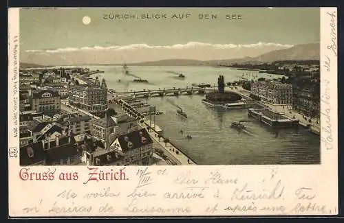 Lithographie Zürich, Blick auf den See
