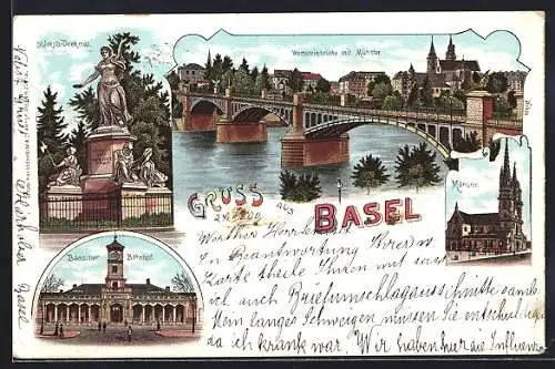 Lithographie Basel, St. Jakob Denkmal, Wettsteinbrücke mit Münster, Badischer Bahnhof