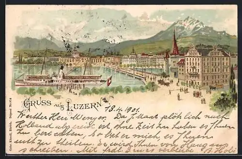 Lithographie Luzern, Hotel Schwanen mit Dampfer