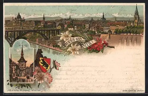 Vorläufer-Lithographie Bern, 1895, Totalansicht, Turm mit Uhr