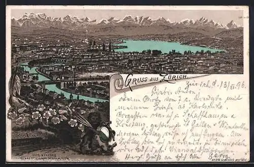 Lithographie Zürich, Gesamtansicht mit See und Alpen