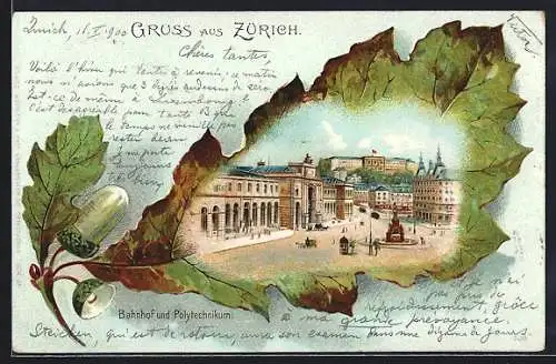 Passepartout-Lithographie Zürich, Bahnhof und Polytechnikum auf Eichenblatt