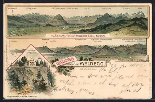 Lithographie Meldegg, Panorama von gegen Süden und Osten, Gasthaus zur Meldegg