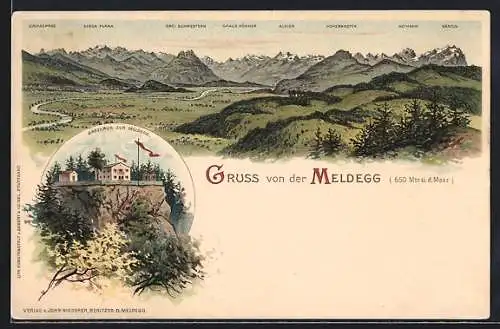 Lithographie Walzenhausen, Gasthaus zur Meldegg, Gebirgspanorama