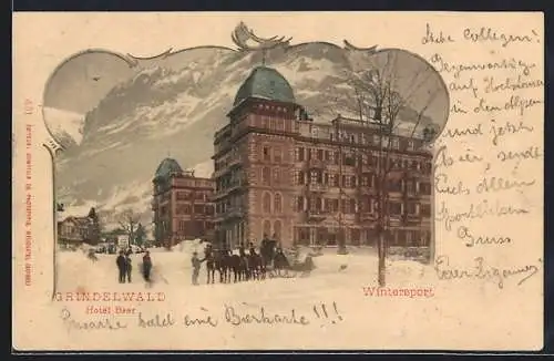 Lithographie Grindelwald, Hotel Baer im Winter