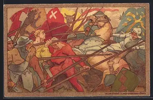AK Schweizer Bundesfeier 1911, Schlachtszene, Ritter wird vom Pferd geworfen
