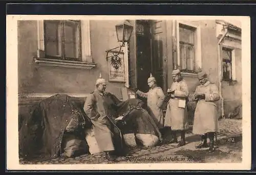 AK Kolno /Gross Köllen, Soldaten mit Pickelhauben stehen vor dem Feldpost-Amt