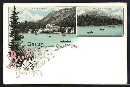 Lithographie Badersee, Hôtel & Pension Badersee, See mit Zugspitze