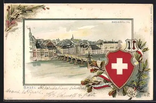 Passepartout-Lithographie Basel, Ortspartie mit Rheinbrücke, Wappen