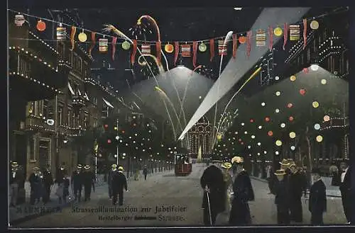 AK Mannheim, Strassenillumination zur Jubelfeier, Heidelberger Strasse mit Wasserturm und Strassenbahn