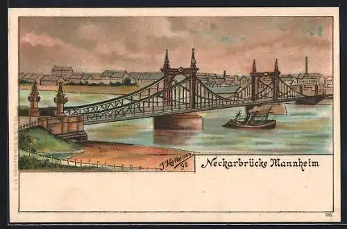 Lithographie Mannheim, Dampfer unter der Neckarbrücke