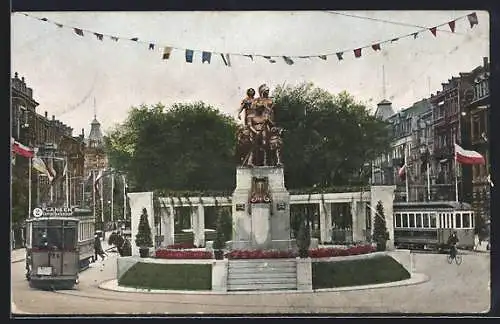 AK Mannheim, Ausstellung 1907, Strassenbahn beim Monumentalbrunnen am Kaiserring