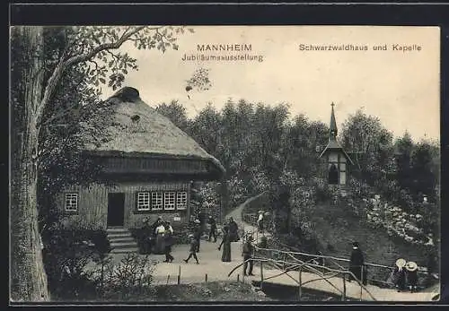 AK Mannheim, Jubiläums-Ausstellung 1907, Schwarzwaldhaus und Kapelle mit Besuchern