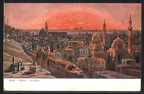 Künstler-AK F.Perlberg: Cairo, Blick über die Stadt im Sonnenuntergang