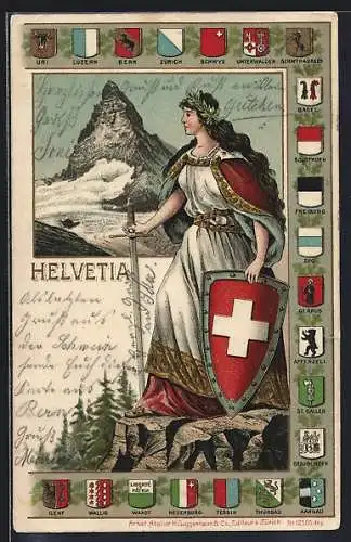 AK Schweiz, Helvetia, Wappen der Kantone, Matterhorn