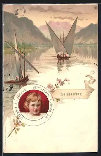 Lithographie Genf, Partie am Genfer See, Reklame für Nestles Kinderseife