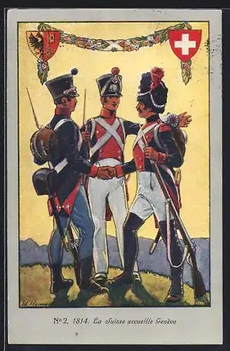 Künstler-AK Genève, La Suisse accueille 1814, Soldaten geben sich die Hand