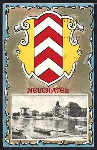 AK Neuchatel, Teilansicht der Stadt, Stadt-Wappen