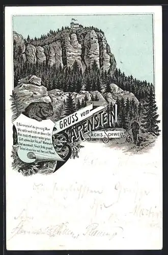 Lithographie Bärenstein /Sächs. Schweiz, Jäger unter den Felsklippen